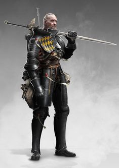 a man dressed in armor holding two swords