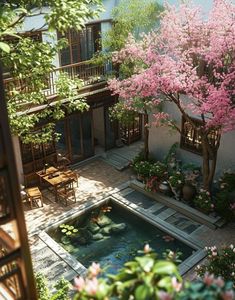 an aerial view of a courtyard with trees and flowers in blooming pots next to a small pond