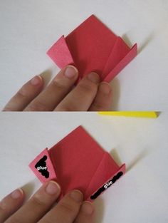 two pictures of someone holding up some pink origami pieces with black writing on them