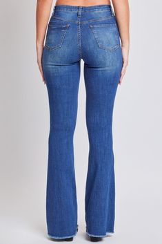 Talk about legs for days! You'll love your shape in our Women's High-Rise Flare Jeans With Frayed Hem. Fitted from the hip through the thigh, these high-waisted pants are flared from knee to hem for a flattering silhouette that both accentuates your curves and elongates your legs. Features a classic five-pocket construction, a front zip fly with a single button closure, and a frayed hem for a trendy edge. Achieve an effortlessly chic style with a bodysuit and heels. Measurement (Based on size 5) - Inseam: 34” - Rise (To top edge of band): 10” - Leg Opening: 21” - Model 1 is wearing a size 1. Model 2 and Model 3 are wearing a size 3. Machine wash cold. Tumble dry low. 67% Cotton/ 28% Polyester/ 3% Rayon/ 2% Spandex (Colors: M1667, N1667) Dark Wash Stretch Mid-rise Bottoms, Stretch Mid-rise Dark Wash Bottoms, Medium Wash Fitted Mid-rise Bottoms, Fitted Mid-rise Medium Wash Bottoms, Stretch Mid-rise Blue Flare Jeans, Fitted Flare Bottoms In Medium Wash, High Waist Blue Stretch Flare Jeans, Medium Wash Stretch Mid-rise Bottoms, Tight Denim Blue Bottoms