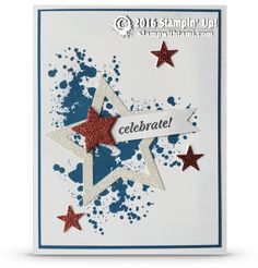 a white card with red, white and blue stars on the side that says celebrate