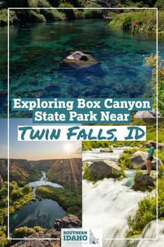 an advertisement for the state park near twin falls, idaho with images of people and waterfalls