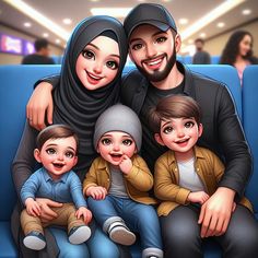 a family sitting on a blue couch in an airport with their arms around each other