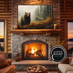 a fireplace with a bear painting on the mantle