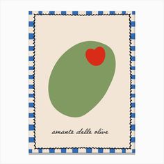 an art print with a red heart on it's green circle and blue border