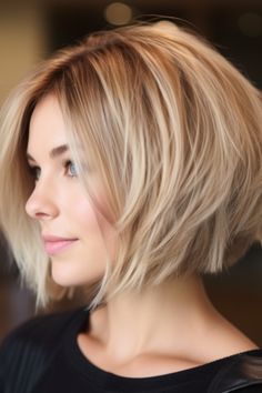 The graduated layered bob offers an elegant blend of sleekness and volume. The layers gradually transition from shorter at the back to longer at the graduated front, adding a touch of sophistication. Click here to check out more cute short layered haircut ideas. Layered Bob Haircut For Fine Hair, Short Concave Bob Hairstyles, Mid Bobs For Fine Hair, Hair Long In Front Short In Back, Hair Shorter In The Back, Layered Crop Haircut, Longer Bob Haircut, Mid Length Bob Hairstyles, Layered Short Bob