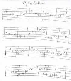 sheet music notes with numbers and notations for the guitar tabula, written in black ink on white paper