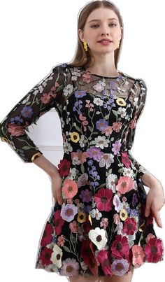 Elegant Long Sleeve Dress With Multicolor Embroidery, Summer Party Long Sleeve Embroidered Dress, Black Dress With Intricate Embroidery For Spring, Elegant Long Sleeve Embroidered Floral Dress, Multicolor Embroidered Dress With Floral Details For Party, Multicolor Embroidered Floral Dress For Party, Elegant Long Sleeve Embroidered Dress With Floral Print, Elegant Long Sleeve Embroidered Dress With Floral Details, Spring Long Sleeve Dress With Intricate Embroidery