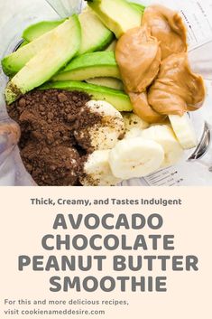 avocado chocolate peanut butter smoothie ingredients in a blender with text overlay