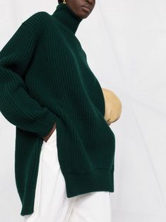 roll-neck ribbed-knit jumper from JIL SANDER featuring dark green, wool, ribbed knit, roll neck, long sleeves, side slits and straight hem. | Jil Sander Roll-Neck Ribbed-Knit Jumper Turtle Neck Style, H M Outfits, Sweater Skirt Set, Green Wool, Clothes Ideas, Frappe, Cool Sweaters, Roll Neck, Colourful Outfits