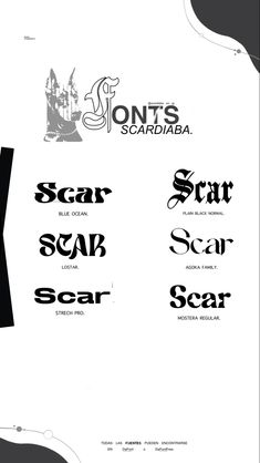 some type of font that is black and white with the words scarr, scarr, scarr