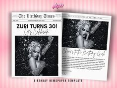 the birthday newspaper is decorated with an image of marilyn monroe