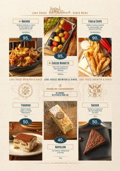 a menu with different types of desserts and pastries on it's side