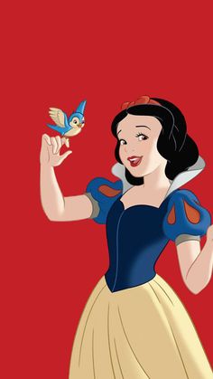 snow holding a small bird in her right hand and wearing a blue dress with red trim