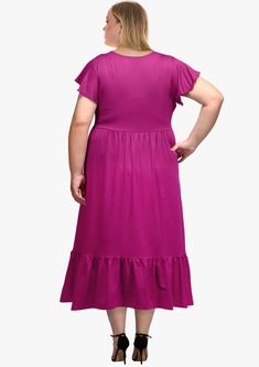 Plus Size Summer Dress Crew Neck Ruffle丨Moon Wood Purple V-neck Dress With Ruffle Hem, Solid Rayon Short Sleeve Dress, Purple Flowy Knee-length Midi Dress, Purple Ruffled Short Sleeve Maxi Dress, Purple Short Sleeve Midi Dress With Ruffles, Purple Midi Dress With Short Sleeves And Ruffles, Plus Size Tights, Lace Stockings, Plus Size Summer Dresses