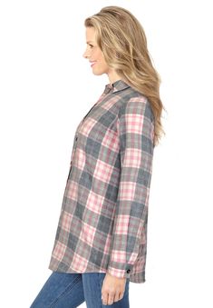 <div>This cotton flannel is brushed to perfection for cozy comfort. A collar, button cuffs and button front add to the classic appeal. Made in a perfect tunic</div> Cotton Blouse With Roll-up Sleeves For Fall, Fall Blouse With Roll-up Sleeves, Fall Daywear Shirt With Button Cuffs, Fall Daywear Shirt With Spread Collar, Spread Collar Shirt For Daywear In Fall, Fall Cotton Blouse With Button Cuffs, Cotton Blouse With Button Cuffs For Fall, Cotton Button-up Flannel Shirt For Daywear, Fall Button-up Daywear Shirt