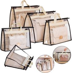 four clear bags with handles and straps are shown in three different positions, one is open to show the contents