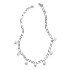 With Dangling Pearls, The Daphne Necklace Is Elegant Yet Edgy For A Versatile Look. The Paper Clip Chains Allow You To Wear The Necklace As A Choker Or At Your Desired Length. Whether Styling With A T-Shirt Or A More Feminine Dress, The Necklace Lends Itself To Add To Your Look All With An Effortless Feel. Rhodium Plated With Premium Pearls Chain Is 18″ In Length Handmade In New York Includes Signature Melissa Lovy Iridescent Pouch Currently Retails For $212 Trendy White Chain Necklace With Pearl Charm, White Pearl Chain Charm Necklace In Metal, Trendy White Link Necklace, Trendy White Link Necklaces, Trendy White Pearl Chain Charm Necklace, White Link Metal Necklaces, White Silver Link Chain Necklace, Elegant White Charm Necklace With Paperclip Chain, White Link Chain Metal Necklace