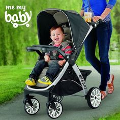 a woman pushing a stroller with a baby in it and the words, me my baby