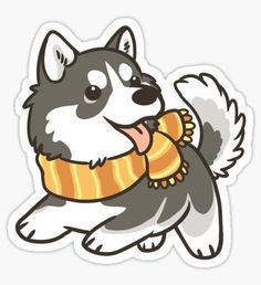 a dog with a scarf around its neck sticker on a white background, it's looking like he is jumping in the air