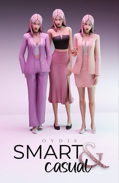 three women standing next to each other in front of a pink and purple background with the words oydds smart casual