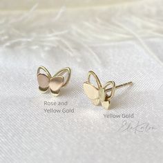 One pair of Medium Size Dainty minimalist 10K SOLID Gold double butterfly stud Earrings✨Butterfly size: approx. 8x7mm with 1.52mm height✨Metal: 10K Solid Gold✨Post thickness: approx. 0.74mm✨Post length: approx. 10mm✨Sold as A Pair.✨Each stud comes with a 10K gold silicone nut backing and 10k solid gold back will be provided with an additional cost✨Stamp: 10K📌Production time: If in stock, will ship in 3-5 business days. Usually production time around 2-3 weeks, sometimes can take 3-4 weeks.❤️Fol Double Butterfly, Rose Gold Butterfly, Dainty Gold Earrings, Butterfly Earrings Gold, Butterfly Stud Earrings, Earrings Butterfly, Minimalist Earrings Studs, Fancy Earrings, Minimalist Studs