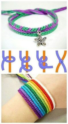 the bracelet is made with multicolored thread and has a butterfly charm on it