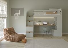 a bedroom with a loft bed, desk and basketball hoop on the wall next to it