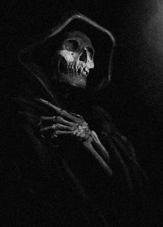 a skeleton wearing a hood and holding a knife