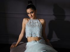 Mani Bhatia | Ice Blue Scalloped Saree | INDIASPOPUP.COM Scalloped Saree, Indian Blouses, Tell Me A Story, Top Bustier, Indian Blouse, Saree Blouse Designs Latest, Blouse Designs Latest, Blouse Design Models, Silk Organza