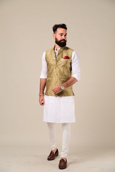 Important Instrucitons : We request you to kindly calculate the processing time of your order after the mutual confirmation on Bespoke measurements between us has taken place (either via message , e mail or form) Men can wear Half-Jackets and style them in many different ways. Want to look traditional? Great! Wear a Half Jodhpuri Jacket with your Mens Kurta and Pajama. Want to wear it to a party? Try Half Jodhpuri Jacket with Trousers. If you are all about comfort this summer, then these Half Ja Gold Nehru Jacket With Dabka For Reception, Green Bandhgala For Wedding And Navratri, Gold Nehru Jacket With Dupatta For Eid, Gold Bollywood Nehru Jacket For Reception, Gold Nehru Jacket With Cutdana For Festivals, Gold Nehru Jacket With Zari Work For Diwali, Gold Nehru Jacket With Dupatta For Festivals, Gold Cutdana Nehru Jacket For Festivals, Festive Gold Nehru Jacket With Cutdana