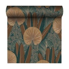 a wallpaper with brown and green leaves on it's sides, in the style of art deco