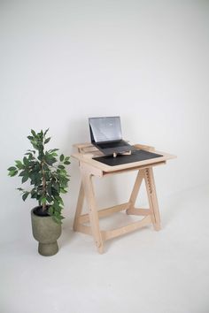 a laptop computer sitting on top of a wooden desk next to a potted plant