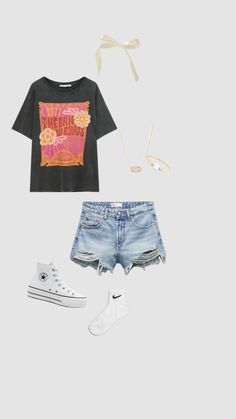 a pair of shorts, t - shirt and converse sneakers are featured in this image