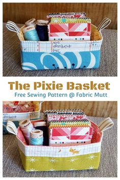 two baskets filled with sewing supplies on top of a table