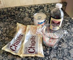 the ingredients to make an ice cream treat are on the counter