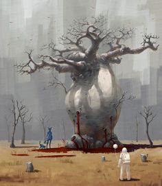 two people standing in front of a strange looking tree