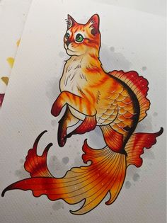 a drawing of a cat sitting on top of a goldfish in the water,