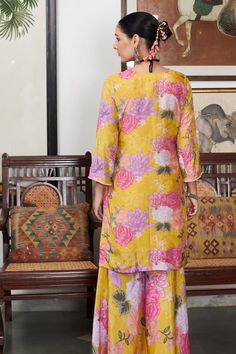 Yellow kurta with floral print and embroidery details. Paired with a printed sharara and dupatta. - Aza Fashions Printed Sharara, Kurta And Sharara, Yellow Kurta, Kurta Sharara Set, Kurta Sharara, Sharara Set, Embroidery Details, Set For Women, Cotton Silk