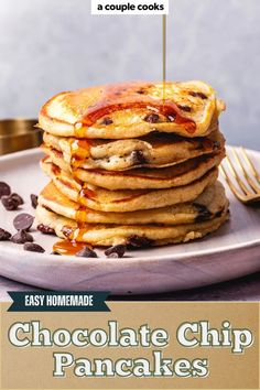 chocolate chip pancakes are stacked on top of each other