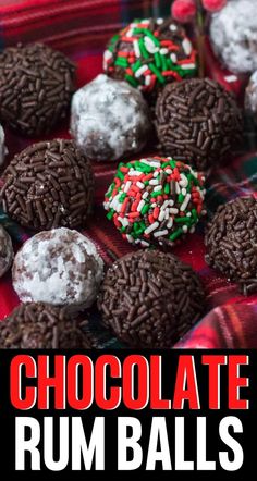 chocolate rum balls with sprinkles and christmas decorations on top, in front of a red plaid background