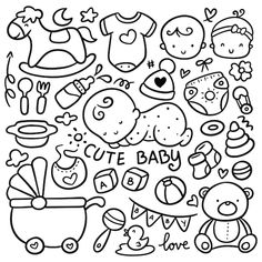 a black and white drawing of baby items