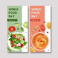 two vertical banners for world food day with vegetables and fruits on them, one is green and the other is orange