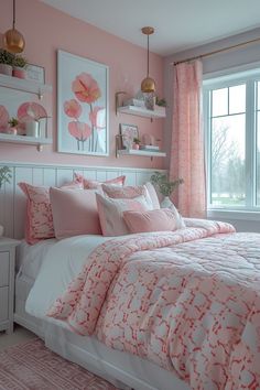 a bedroom with pink walls and white bedding, windows, and pictures on the wall