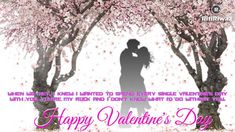 happy valentine's day wishes with couple kissing under cherry blossom trees in the background