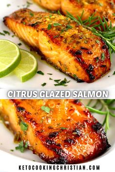 grilled salmon on a white plate with lime wedges