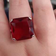 Ruby Ring/ Solid Sterling Silver/ 20ct Big Huge Square Cut | Etsy Red Crystal Party Ring, Round Red Ruby Party Ring, Party Ruby Ring With Round Shape, Red Gemstone Rings For Party, Red Ruby Ring For Jewelry Making, Handmade Red Rings For Valentine's Day, Handmade Red Ruby Ring For Formal Occasions, Art Deco Revival, Sterling Silver Filigree