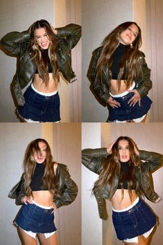 four different pictures of a woman with long hair and wearing a leather jacket, posing for the camera