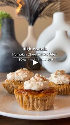 three pumpkin cheesecake bites on a white plate next to a vase and potted plant