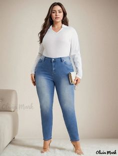 Olivia Mark - Womens Plus Size Refined Jeans: Button Fly High Rise Tapered Leg Jeans for a Sophisticated Look Jeans For Plus Size Women, Mid Size Fashion, Tapered Leg Jeans, Sophisticated Look, Fly High, Jeans Button, Mid Size, Olivia Mark, Tapered Legs